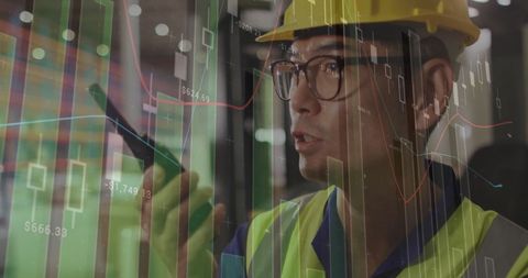 Asian Warehouse Worker Analyzing Global Finance Data