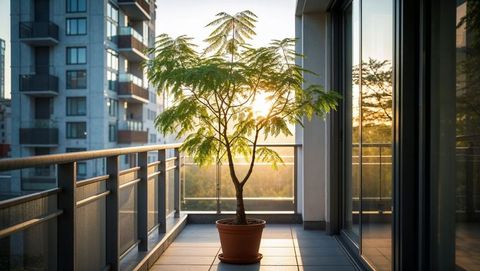 Ornamental tree on urban apartment balcony at sunset