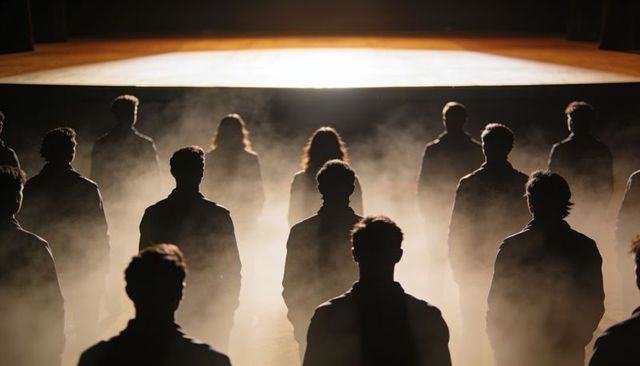Standing silhouetted ensemble facing illuminated stage with theatrical haze and wings
