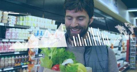 Smiling shopper holding grocery bag with fresh produce and retail analytics overlay