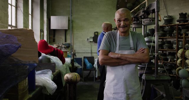 Elderly Factory Worker Standing with Arms Crossed in Industrial Warehouse - Download Free Stock Images Pikwizard.com