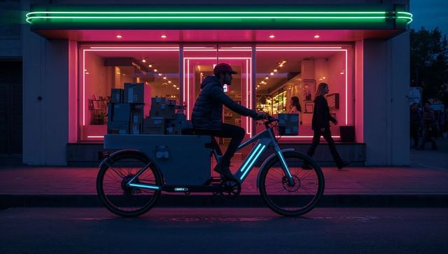 Neon-lit Urban Cargo Bike Courier Riding Past Vibrant Storefront Carrying Cardboard Boxes
