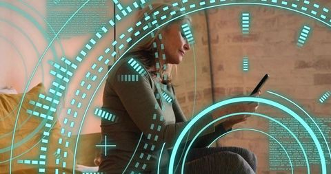 Woman Using Smartphone on Sofa with Futuristic Teal HUD Overlay for Smart Home Tech