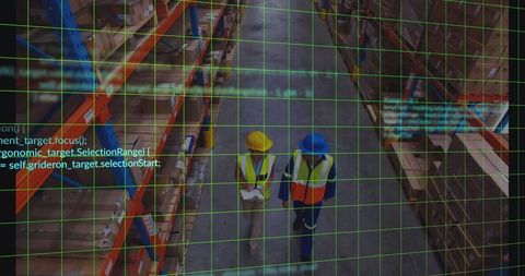Workers in warehouse aisle with digital technology overlay