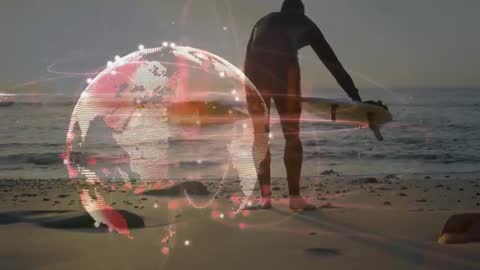 Surfer with Technology Hologram on Tranquil Beach Sunset