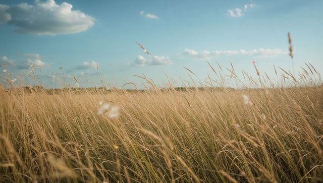 Swaying golden prairie grasses beneath blue sky with fluffy cumulus clouds