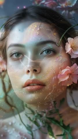 Vertical video: Ethereal botanical close-up with luminescent light trails and drifting particles