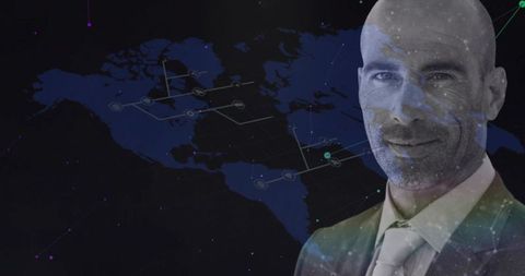 Executive portrait blending with north america network map representing global connectivity
