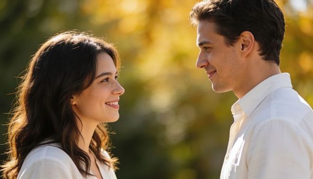 Romantic couple sharing golden hour gaze in garden wearing white shirts