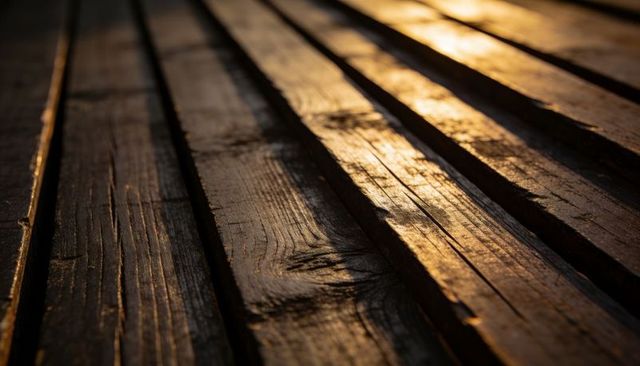 Sunlit weathered wood planks close-up showing rich grain, knots and golden highlights