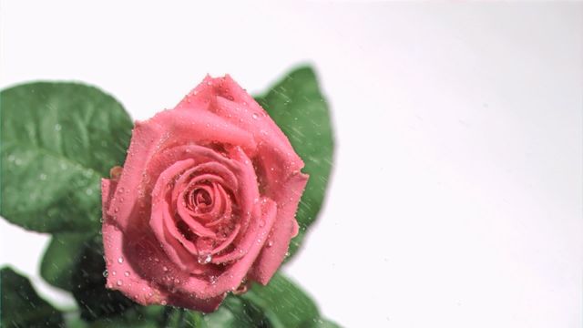 Pink rose pictured with water droplets slowly trickling down, against a white background, evokes freshness and elegance. Useful for nature enthusiasts, floral displays, weddings, or romantic design projects. Can also be featured in promotional materials for florists or garden-centric marketing campaigns.