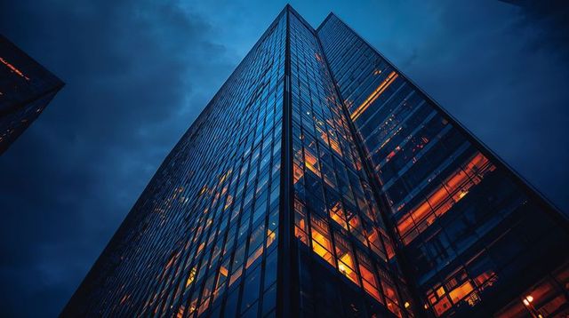 Glass tower corner rising at dusk with warm interior lights, blue reflections, facade