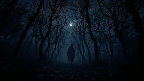 Hooded lone figure in moonlit forest