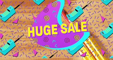 Colorful Huge Sale Banner with Retro Graphics and Telephones
