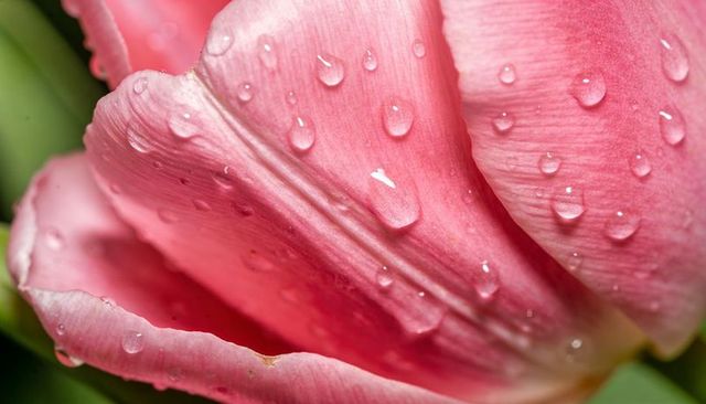 Macro pink tulip petals with dew drops showing satiny texture and vein detail