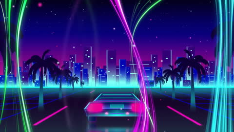 Retrowave Neon Cityscape with Abstract Light Trails