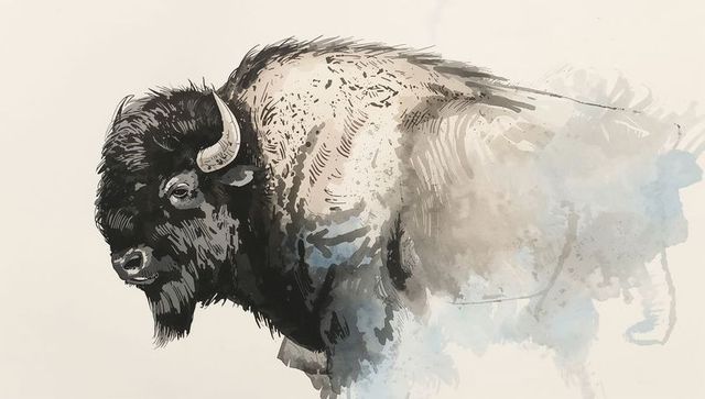 Hand-drawn bison profile with ink hatching and watercolor washes, wildlife illustration