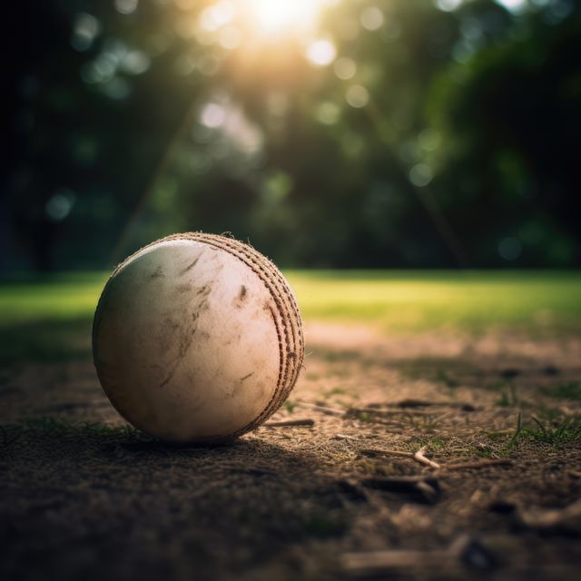 Cricket ball lying on a sunlit field during early morning. Perfect for use in sports-related articles, cricket event promotions, training tutorials, and outdoor recreational advertising. Depicts calm and serene environment suitable for morning practice.