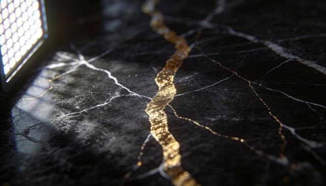 Black marble with gold-filled fissure centerpiece and dramatic reflective lighting