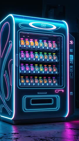 Vertical Neon Vending Machine Reveal Showing Futuristic Bottled Drinks on Glowing Shelves