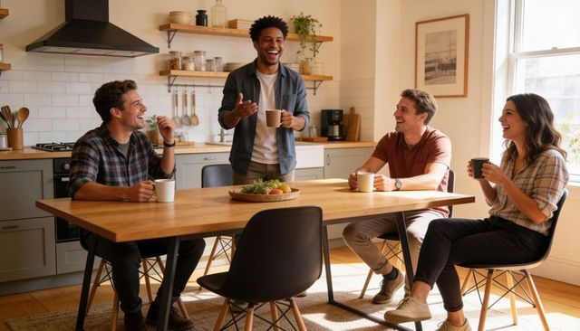 Friends enjoying morning coffee around farmhouse kitchen table, laughing and sharing conversation