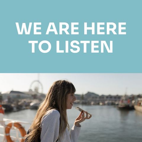 Woman using speakerphone for river city communication poster