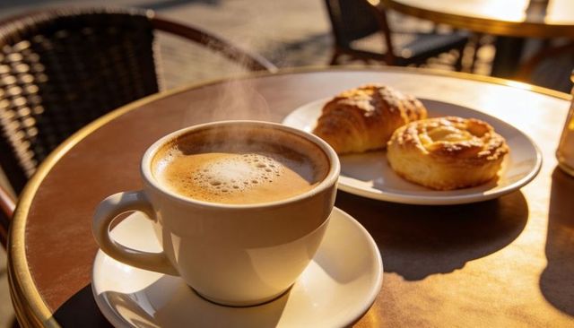 Steaming cappuccino cup with croissant and danish on sunlit cafe table