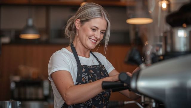 Smiling Barista Crafting Espresso in Modern Cafe
