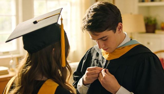 Intimate graduation moment adjusting gown and mortarboard before commencement ceremony