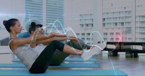 Group Fitness Class with Futuristic Data Visualization Overlay