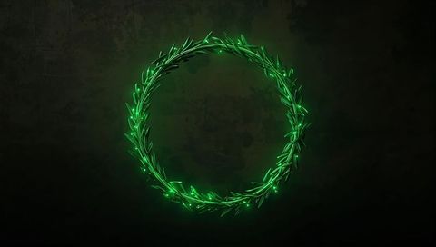 Glowing green laurel wreath emitting soft halo and tiny lights on dark grunge wall