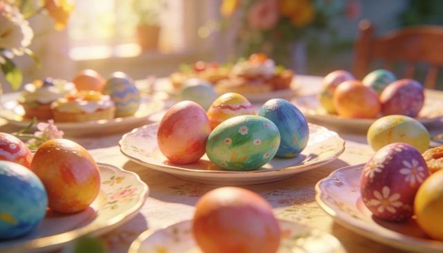 Hand-Painted Pastel Easter Eggs on Vintage Floral Plates Bathed in Morning Light