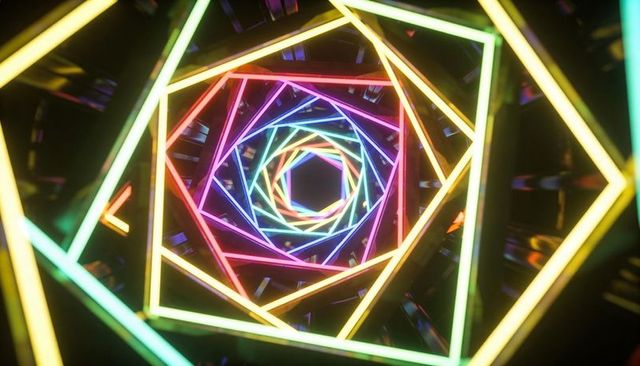 Spiraling neon hexagons creating kaleidoscopic tunnel with glowing reflective prism lights