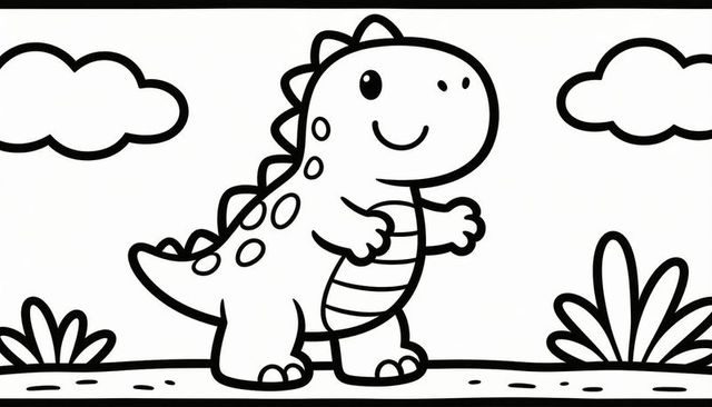 Smiling cartoon dinosaur standing on ground strip with spikes, striped belly coloring page