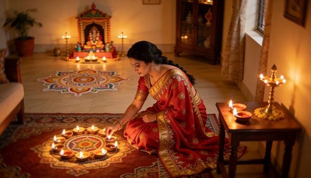 Lighting diyas for diwali in red and gold saree kneeling at home altar with rangoli