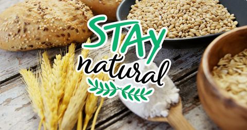 Natural grain theme with fresh breads and wheat