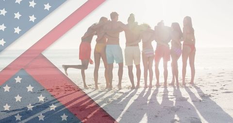 American Spirit: Diverse Friends Embracing on Beach