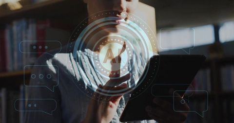Woman holding tablet tapping ai interface in library for digital learning and research