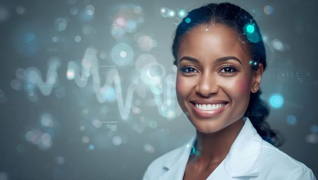 Confident female doctor wearing lab coat with ecg heartbeat waveform and medical holograms