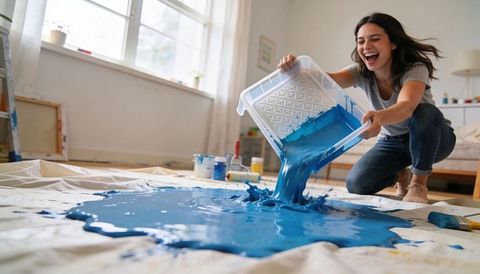 Joyful woman pouring bright blue paint on drop cloth while renovating living room floor