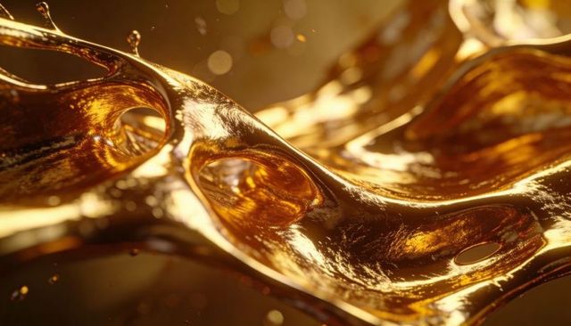 Shimmering liquid-gold membrane flowing with perforations, droplets and glossy reflections