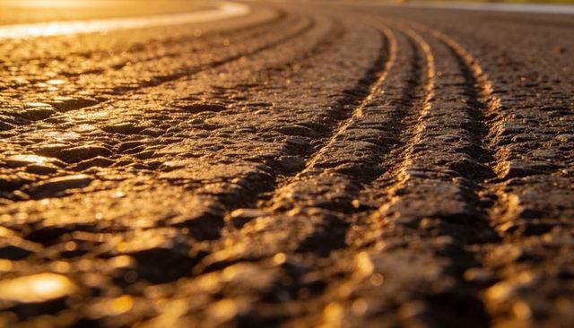 Curving tire tracks across wet pebble sand catching golden-hour light and textured grooves