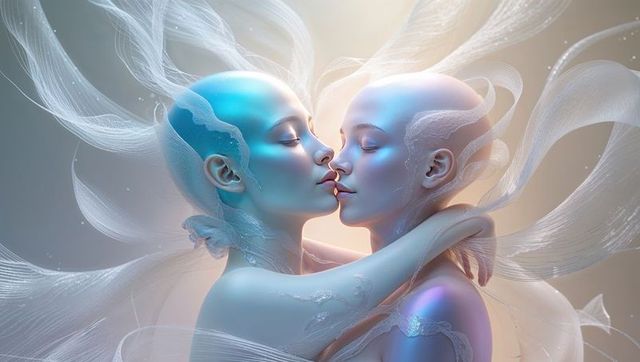 futuristic humanoid couple in ethereal embrace with flowing ribbons - Download Free Stock Images Pikwizard.com