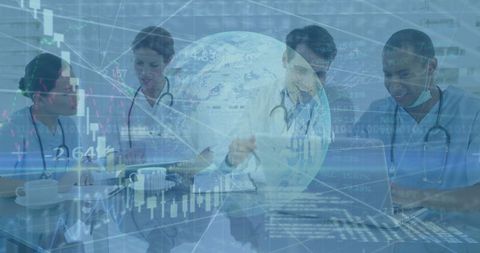 Global medicine: diverse doctors analyzing digital patient data