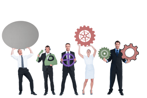 Diverse Professionals Holding Gears on Transparent Background
