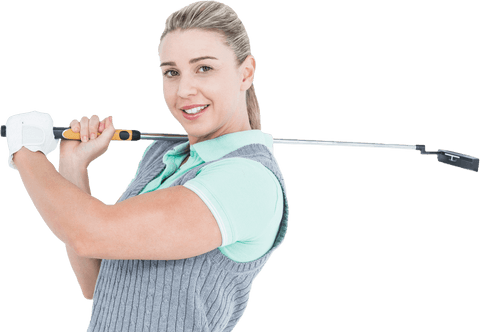 Transparent Female Golfer Smiling While Swinging Golf Club