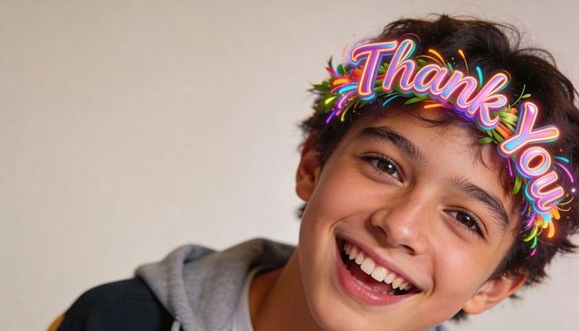 Cheerful boy wearing neon thank you crown smiling in hoodie close-up portrait
