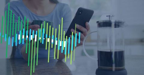 Woman holding phone and mug with voice waveform overlay by French press morning routine