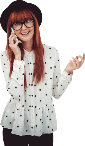 Transparent Smiling Hipster Woman Talking on Smartphone
