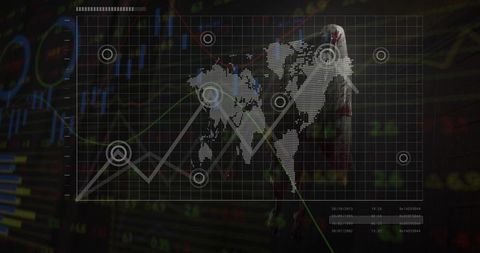 Global finance cyber threat with dotted world map, trading charts and hooded silhouette
